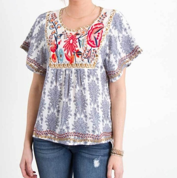 Anthropologie Tops - THML Anthropologie Gypsy Chic Embroidered Floral Work Top